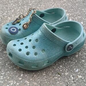 CROCS Kids Teal Glitter Clog Sandals with Charm Accents